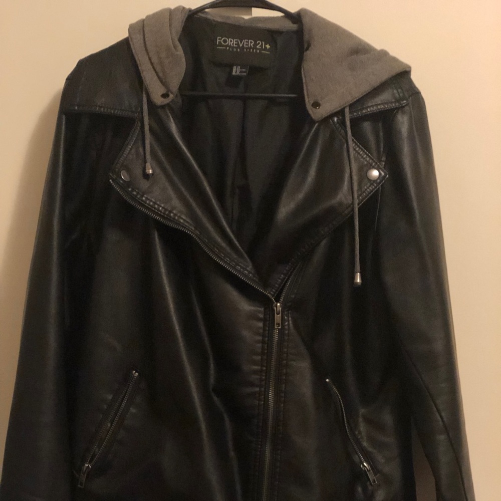 Black leather jacket with removable hoodie